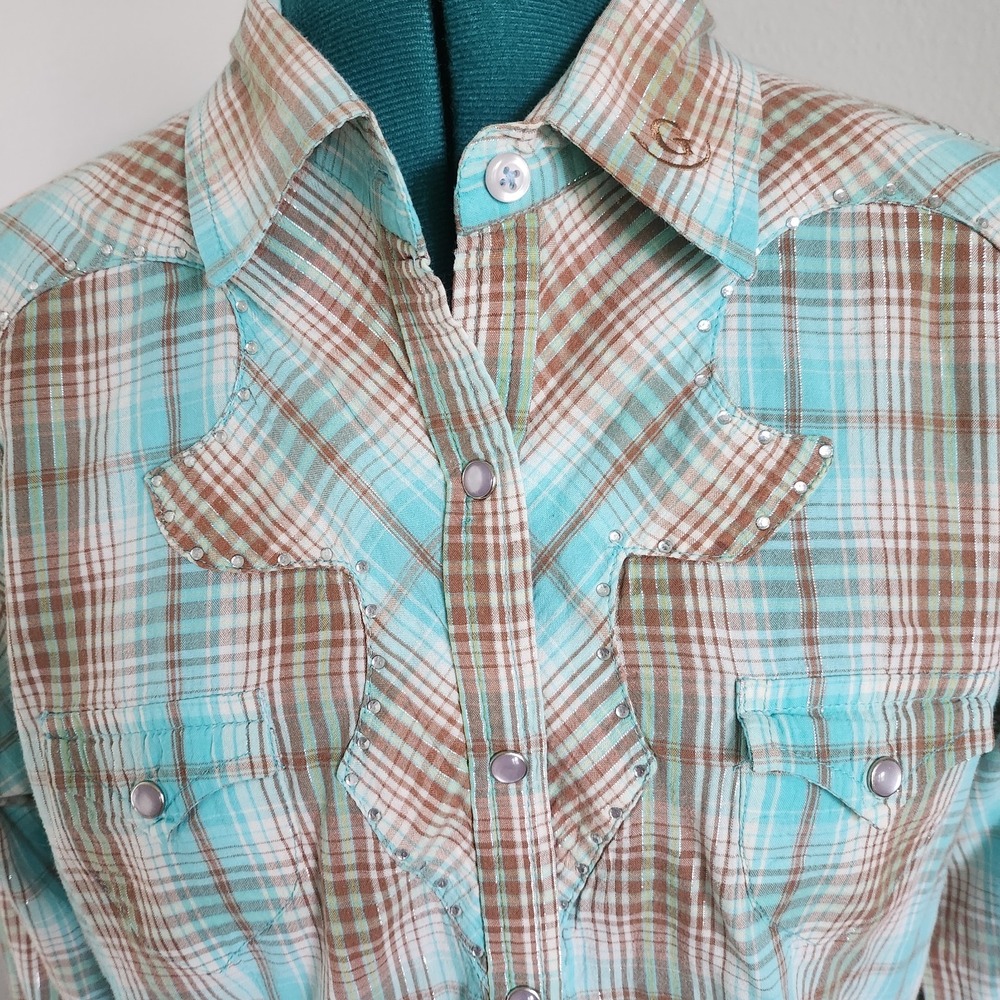 Panhandle Slim Western Shirt Womens Large Turquoise Plaid Rhinestone Studded VTG